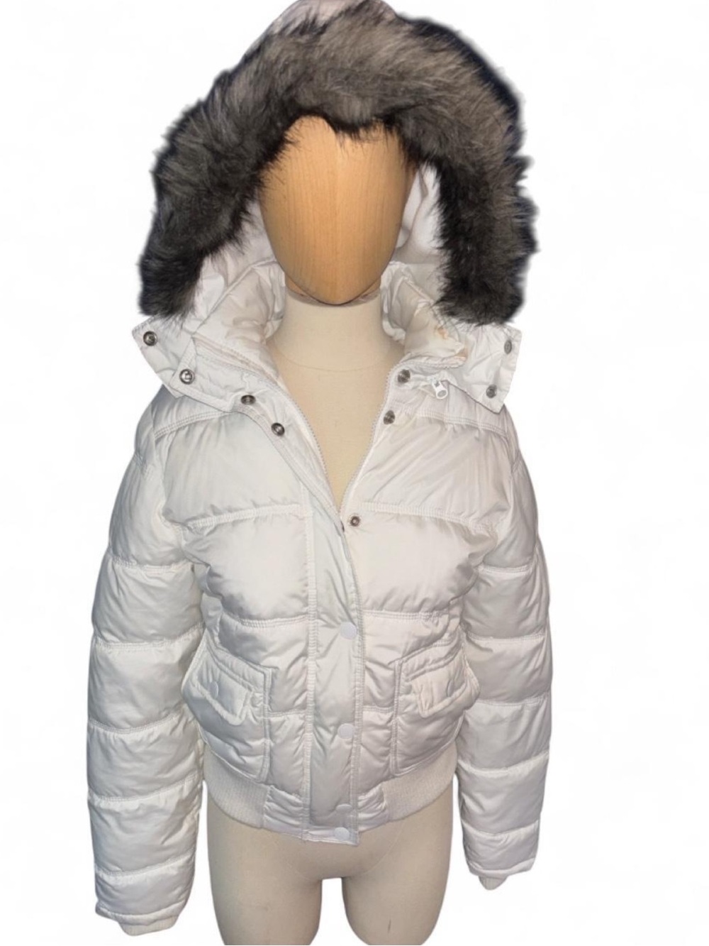 Aeropostale White Girls Hooded Puffer Jacket with Faux Fur Trim